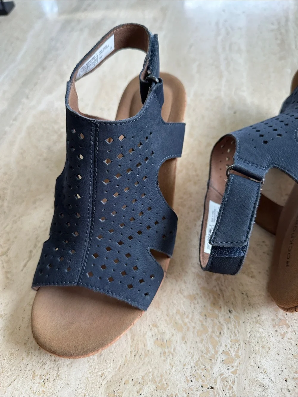 Rockport Navy Perforated Cork Wedge Sandals
